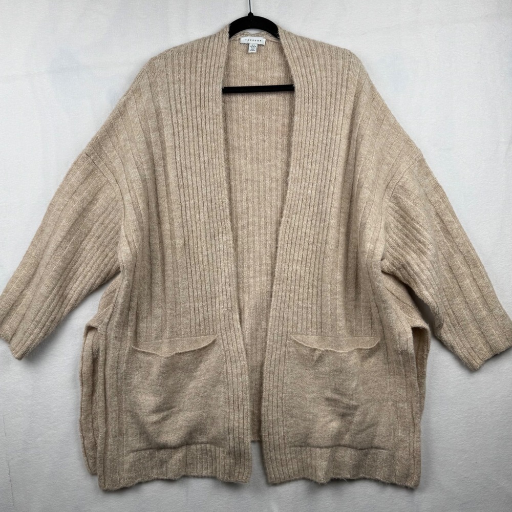Topshop Cardigan Open Front Ribbed Knit Pockets Casual Comfy‎ Tan Small S